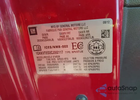 2012 GMC Acadia Denali z USA, uszkodzony, nr VIN 1GKKVTED2CJ392117